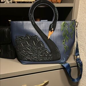 Sophisticated Blue and Black Swan Tote